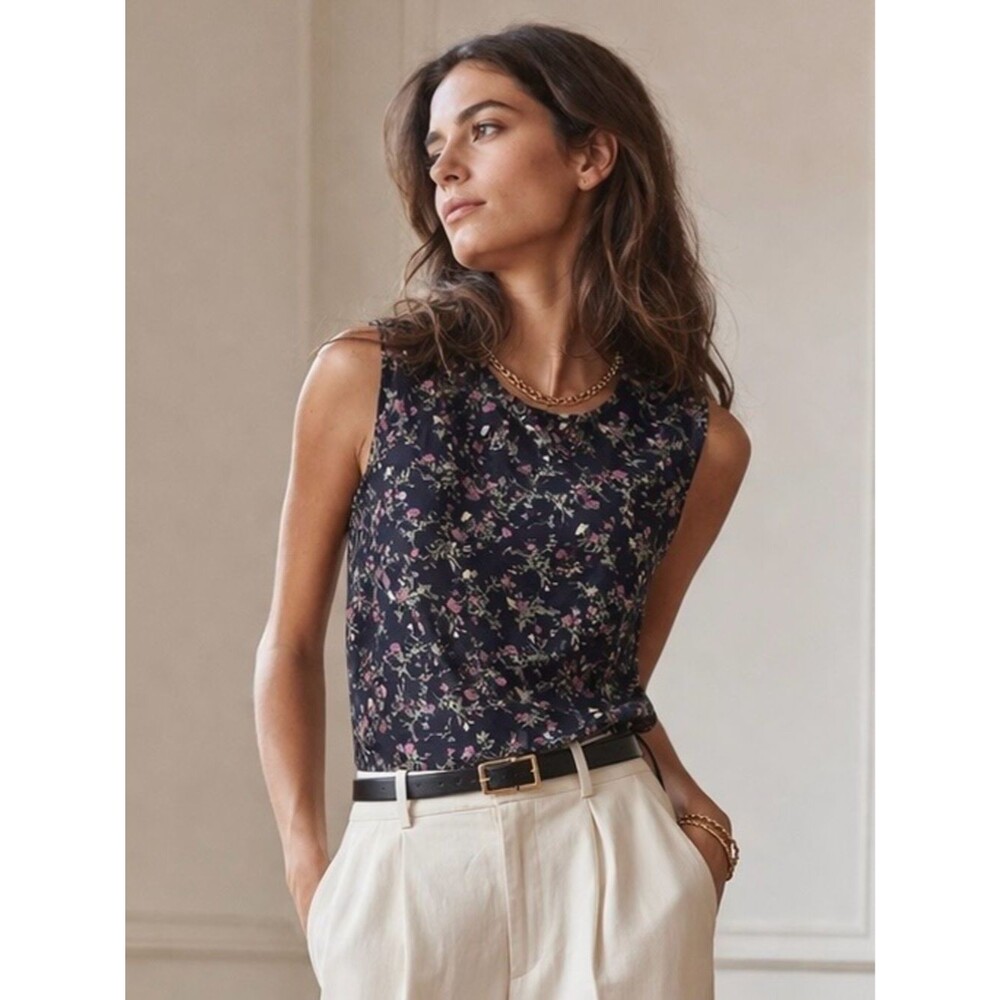 6397 Sleeveless Navy Floral Sheer Burnout Tank Top Size XS